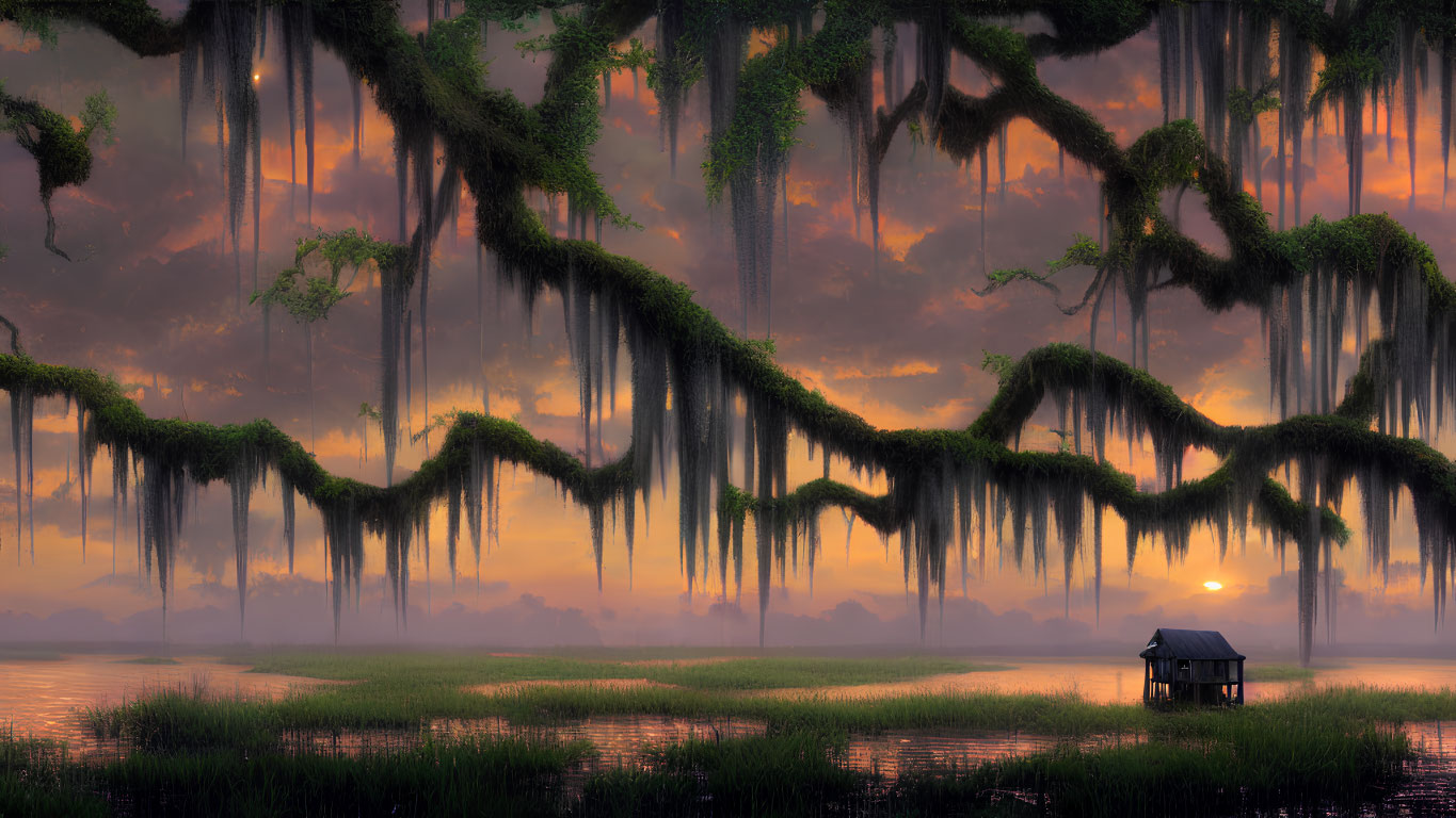 Tranquil sunset landscape with Spanish moss trees by calm lake