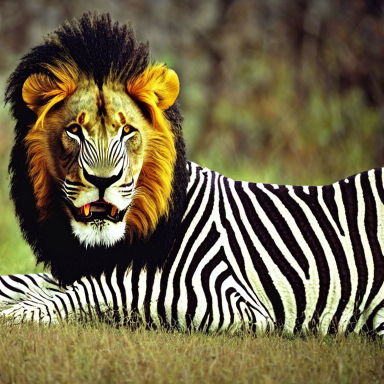 Hybrid Animal: Lion-headed with Zebra Body in Grass