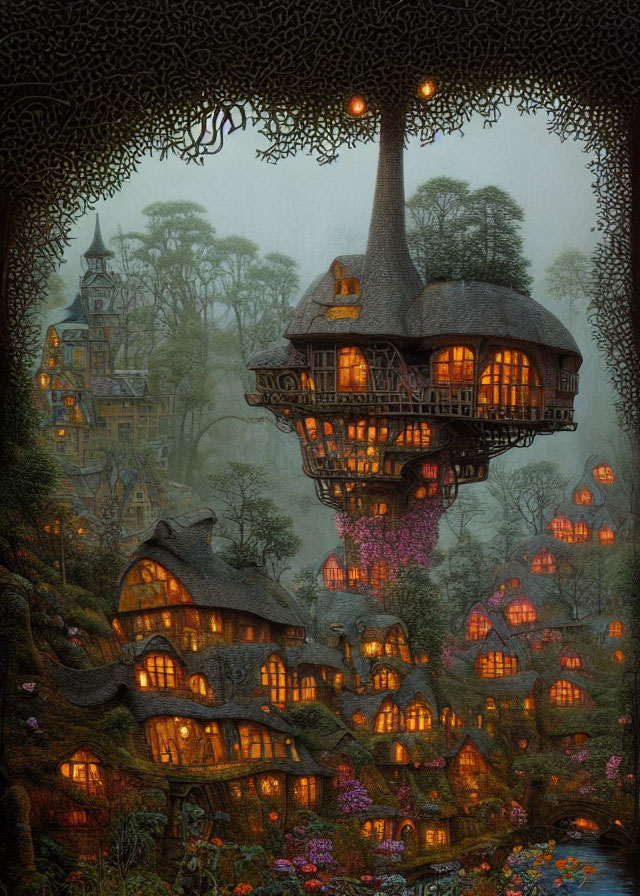 Whimsical forest village at night with glowing windows