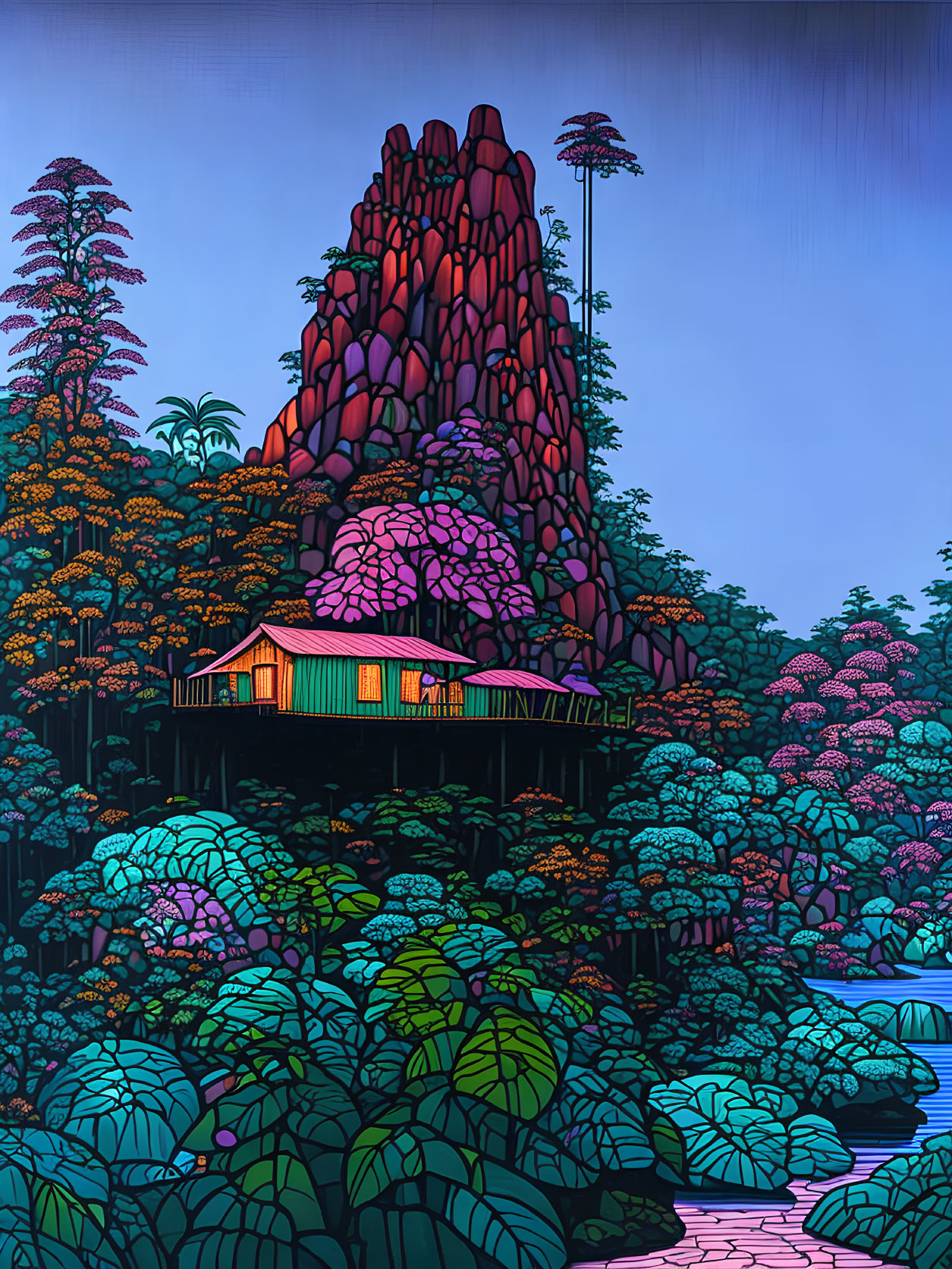 Colorful landscape illustration with cabin, flora, trees, and rocky peak under dusk sky