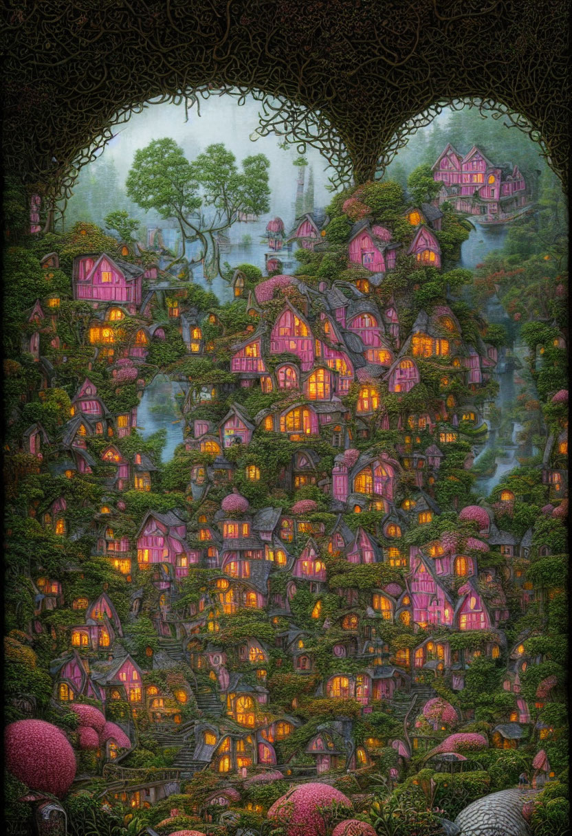 Colorful painting of a mystical village in lush foliage at twilight