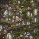 Whimsical Fantasy Forest Scene with Tree Houses and Round Windows