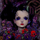 Surreal artwork of female figure with flowing hair in purple vine frame