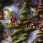 Vertical whimsical painting of a fantasy treehouse with cottages and glowing lights