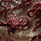 Red Monstrous Creatures with Tentacles and Sharp Teeth in Horror/Fantasy Scene