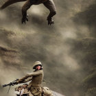 Soldier riding dinosaur in foggy prehistoric landscape