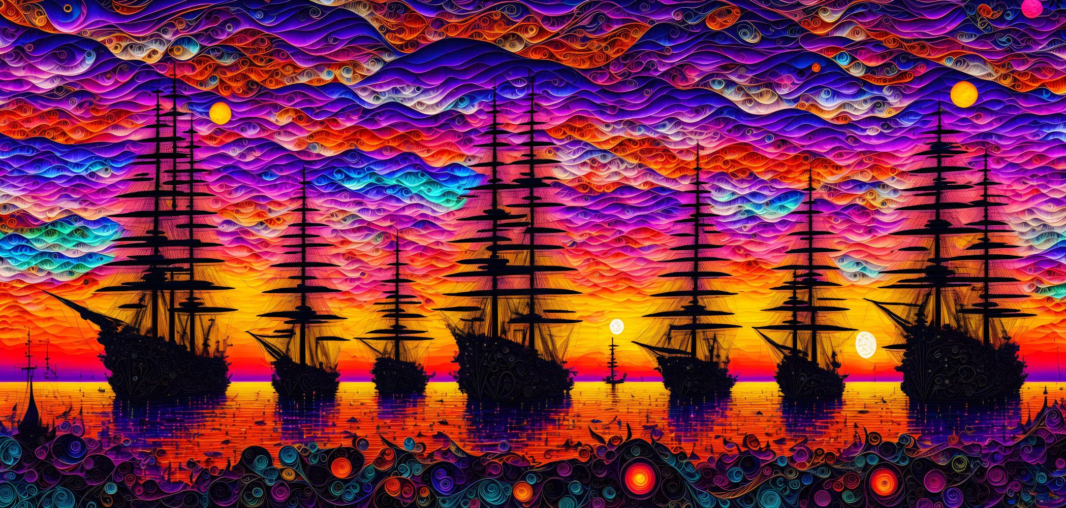 Colorful Psychedelic Silhouetted Sailing Ships with Sun-like Orbs