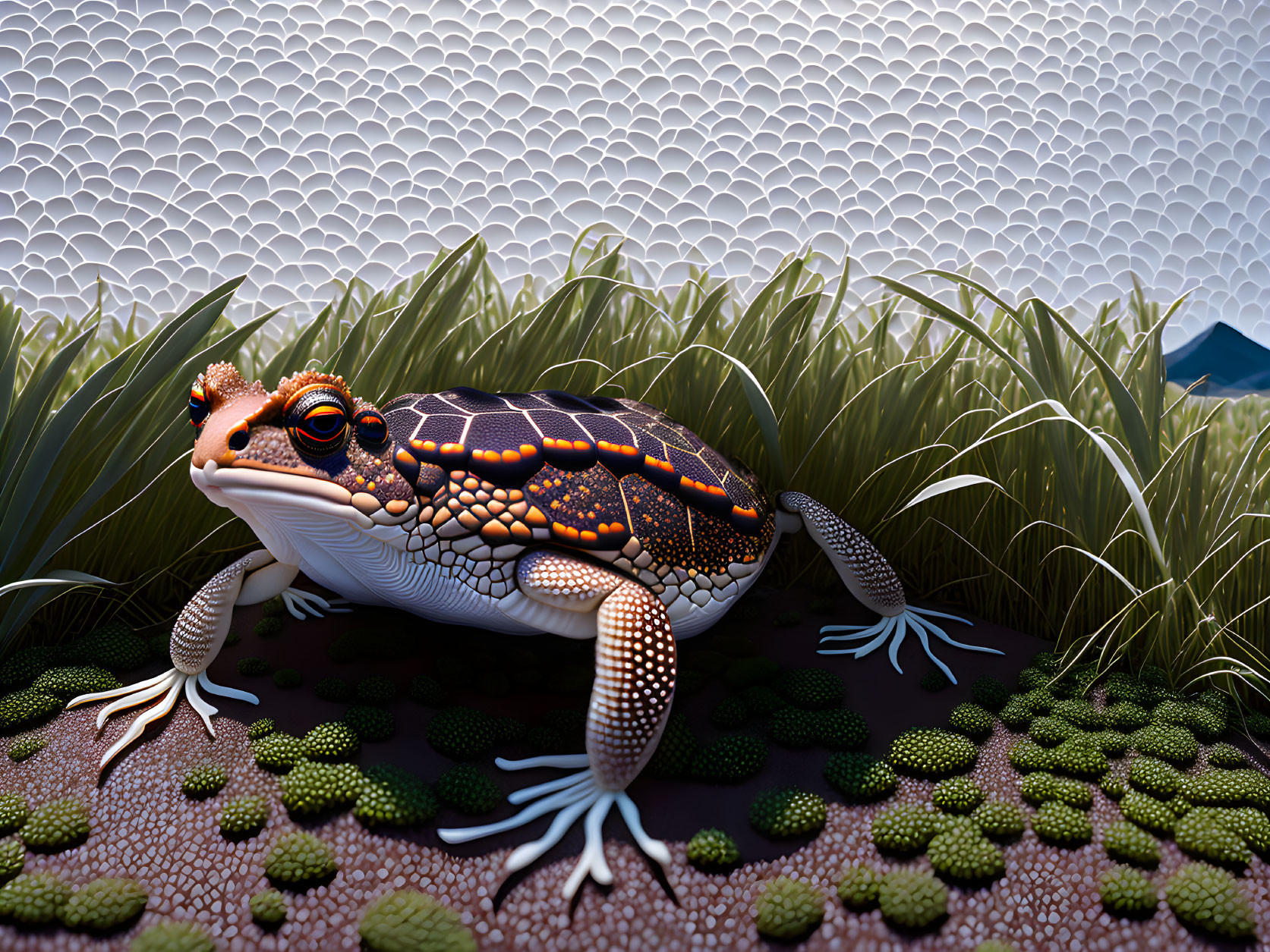 Vibrant digital art of a frog with intricate patterns, surrounded by green foliage and white hexagonal