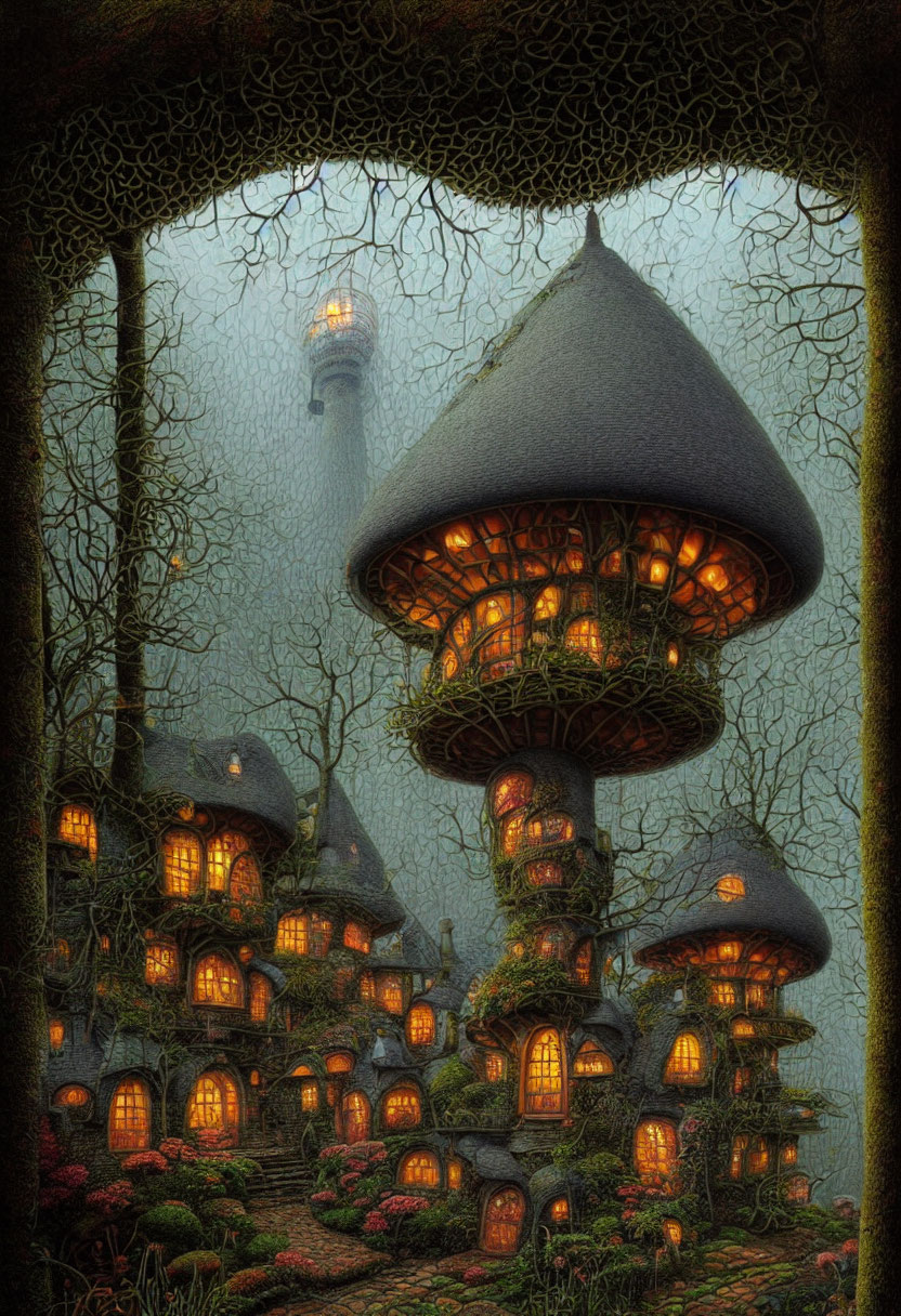 Illustration of Mushroom-Shaped Houses in Mystical Forest with Lighthouse