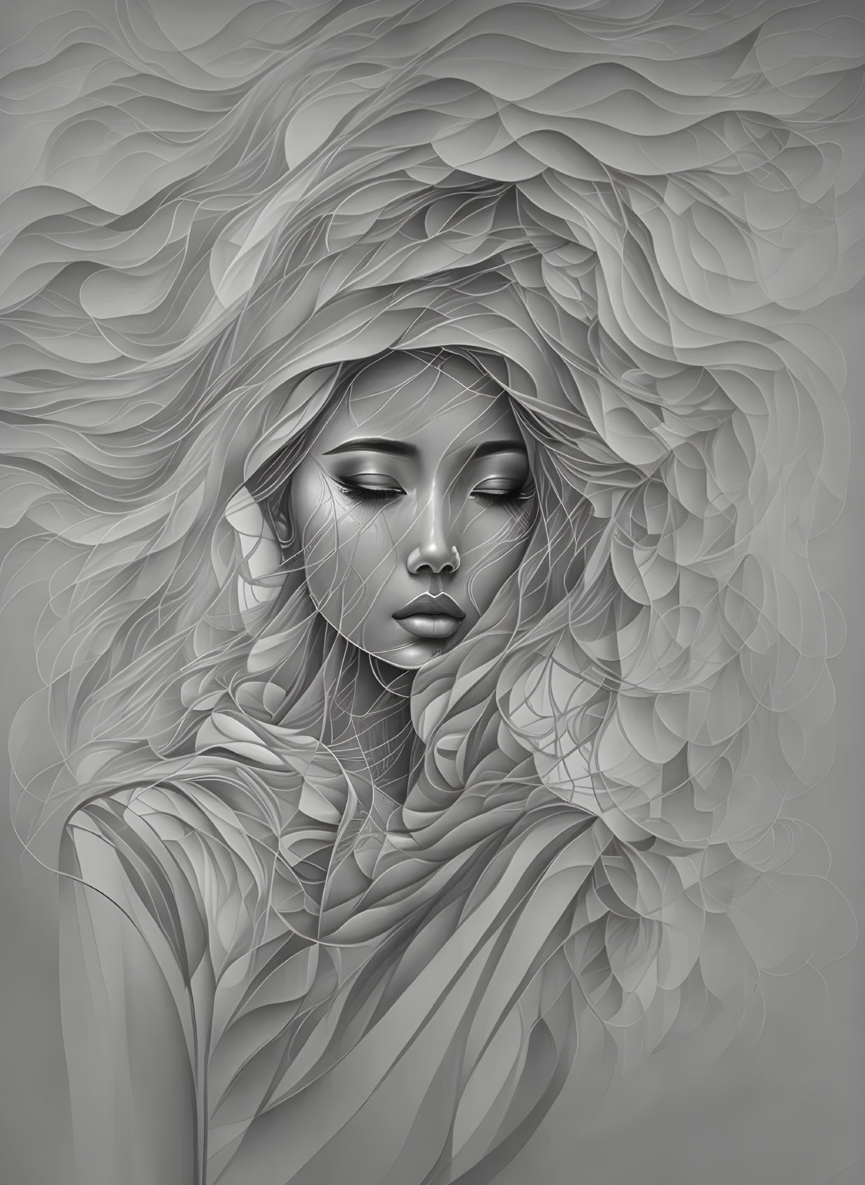 Detailed monochrome digital artwork of a woman with flowing hair and serene expression.