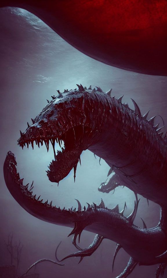 Menacing sea monster with sharp teeth emerges from dark ocean depths