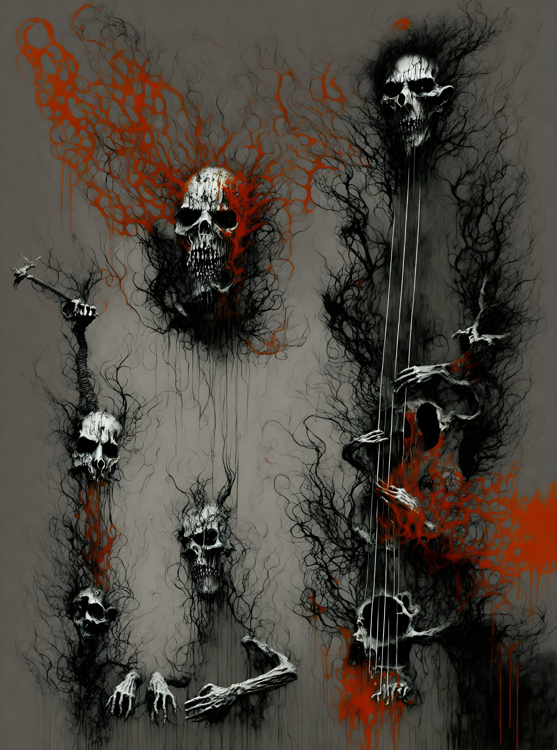 Monochromatic skull art with abstract forms and red highlights