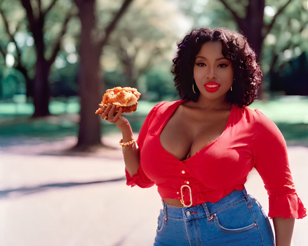 Woman in red top and blue jeans holding muffin in park with trees.