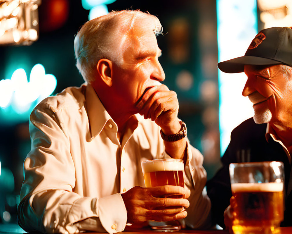 Two older men chatting at a bar with beers in hand under warm lighting