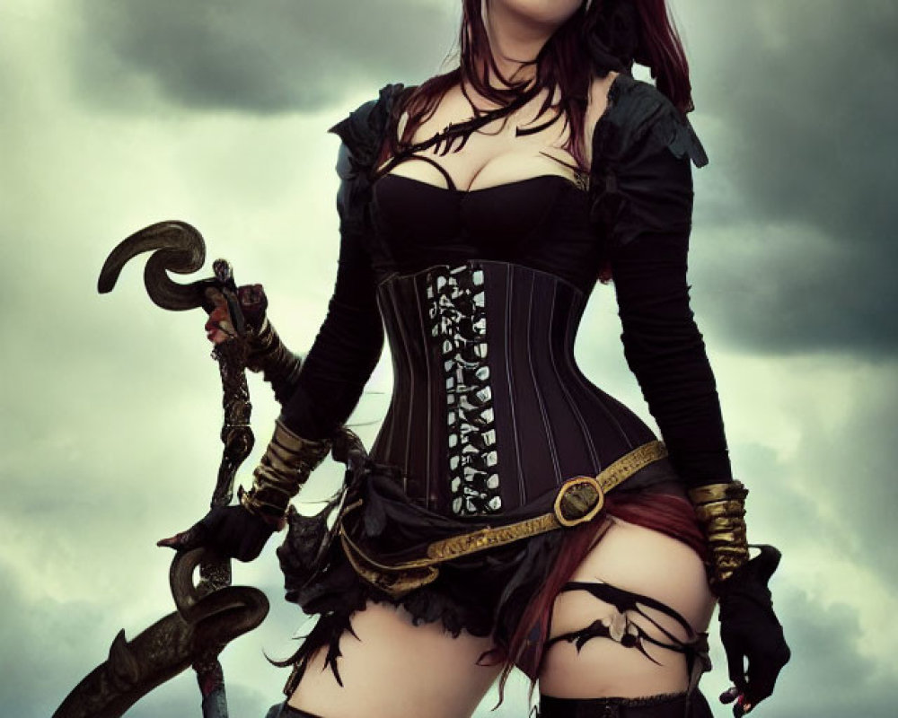 Stylized female pirate with tricorner hat, corset, and cutlass on ship