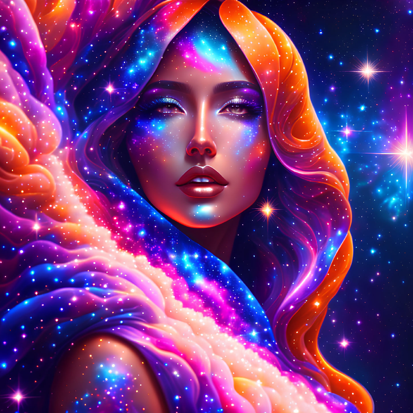 Cosmic-themed digital artwork of a woman with vibrant nebula hair