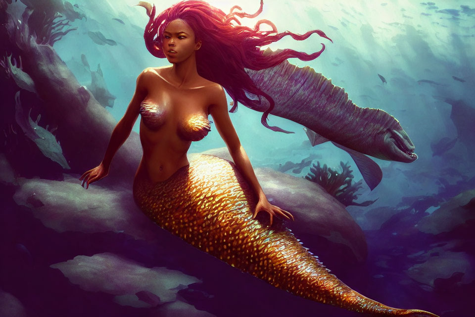 Golden-Scaled Mermaid with Long Hair Swimming Near Rocks and Fish