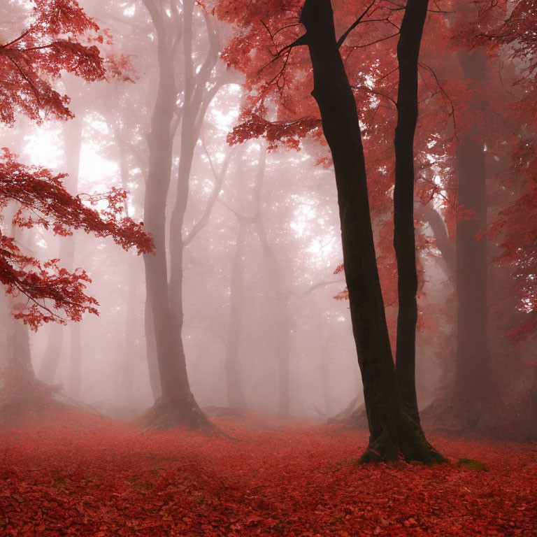 Mystical autumn forest with red leaves, fog, and soft light