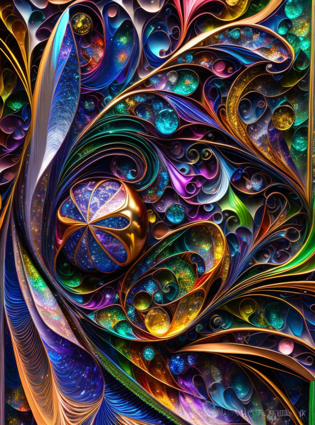 Colorful Swirling Fractal Art: Feathers, Cosmic Orbs, Vivid Patterns