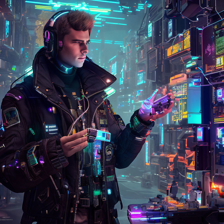 Futuristic man with glowing device in cyberpunk cityscape