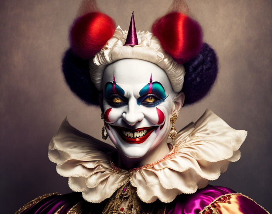 Elaborate clown makeup with red puffs and ruffled collar on grey background