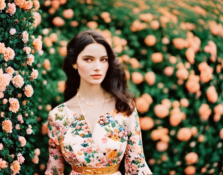 Dark-haired woman in floral dress by vibrant orange flower bush