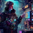 Futuristic man with glowing device in cyberpunk cityscape