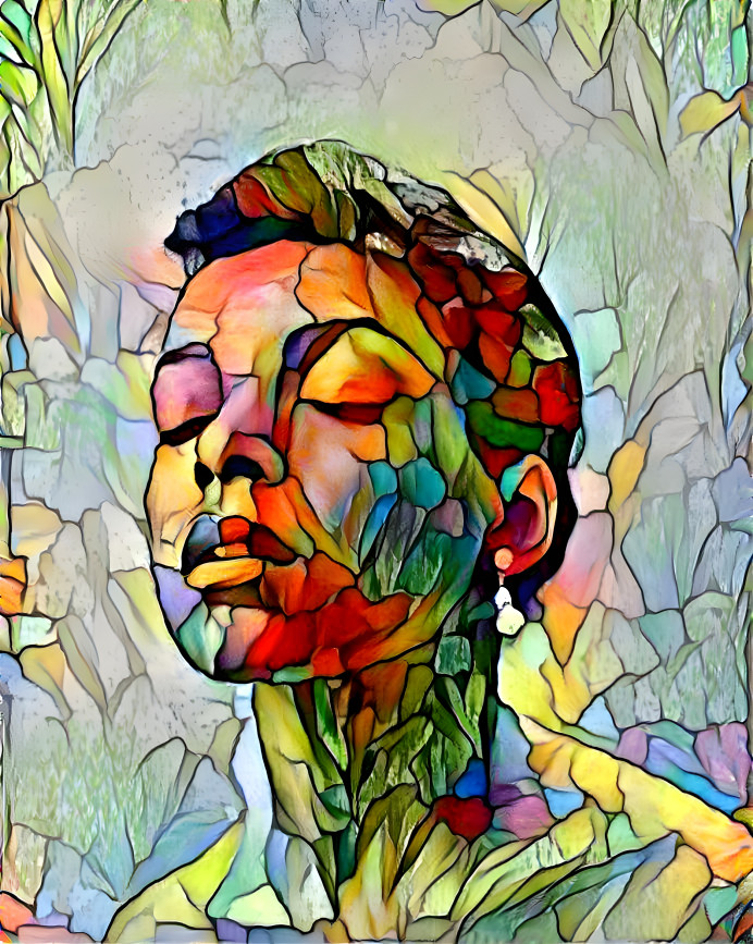 Woman through stained glass