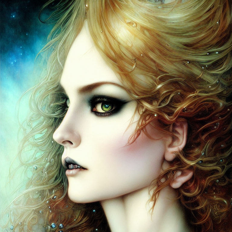 Digital painting: Woman with auburn hair and green eyes in cosmic setting