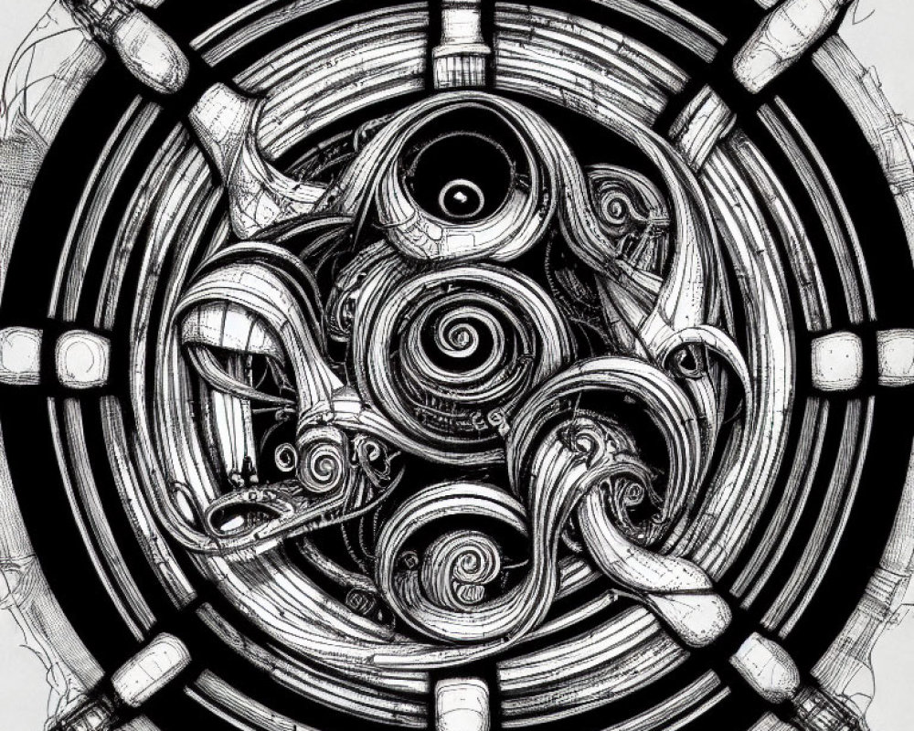 Detailed Black and White Abstract Drawing with Swirling Patterns and Concentric Circles