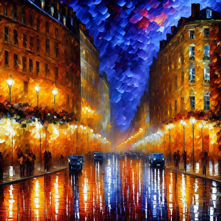 Vibrant Impressionistic Street Scene with Glowing Lamps