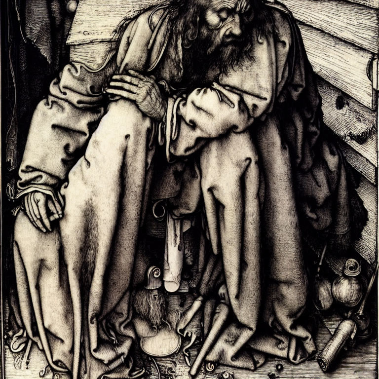 Detailed Black and White Woodcut of Embracing Individuals