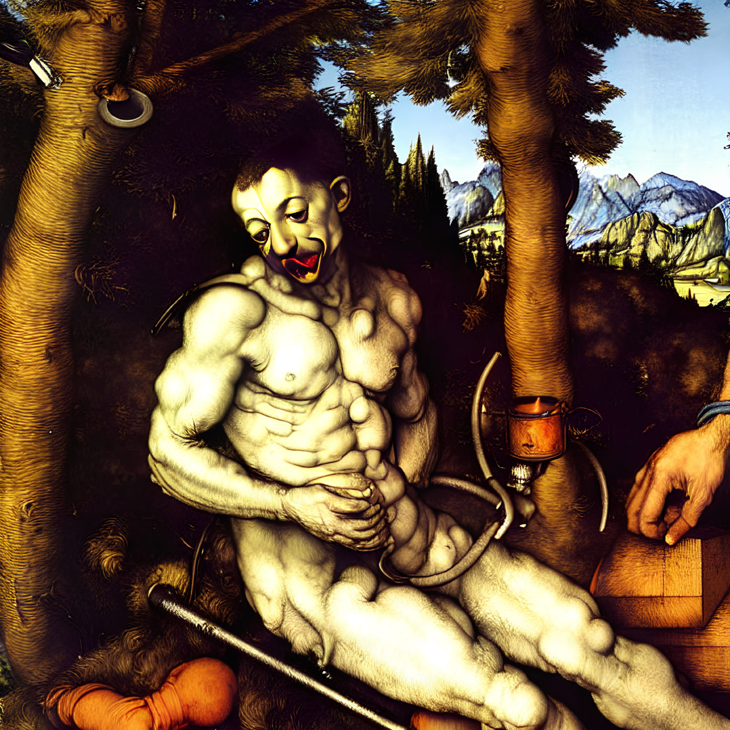 Muscular humanoid figure with clown makeup holding a sickle and goblet in surreal forest scene