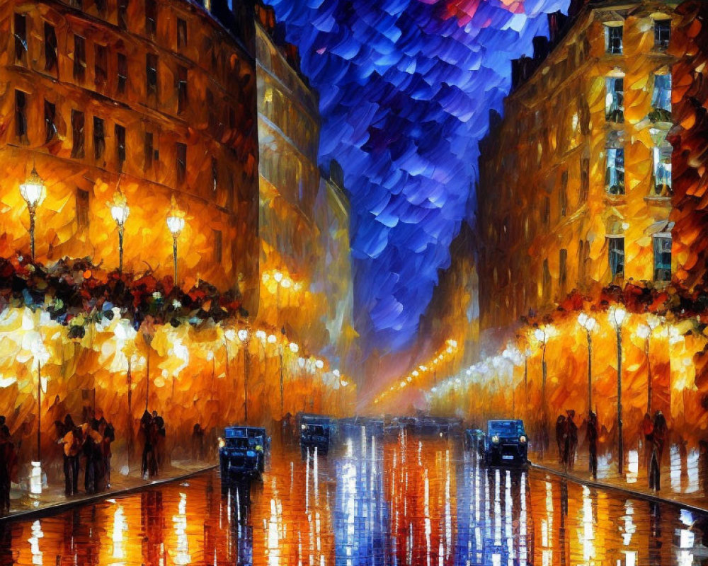 Vibrant Impressionistic Street Scene with Glowing Lamps