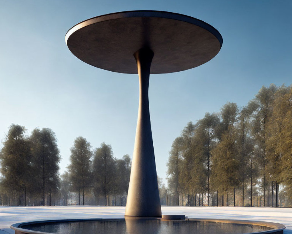 Futuristic UFO-shaped structure on central pillar in nature landscape