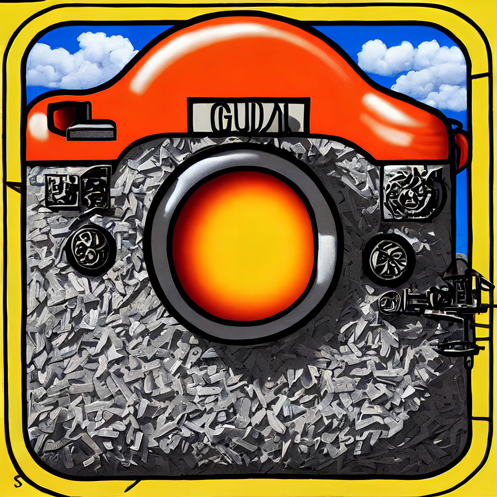 Stylized camera illustration with orange top on blue sky backdrop