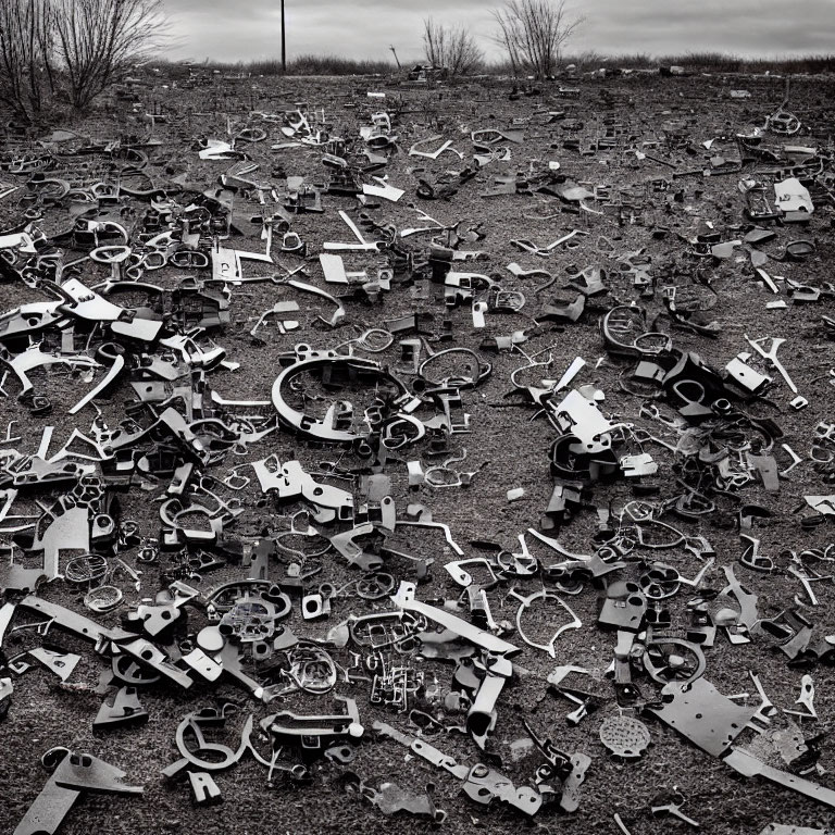 Monochrome photo of numerous metal handcuffs outdoors