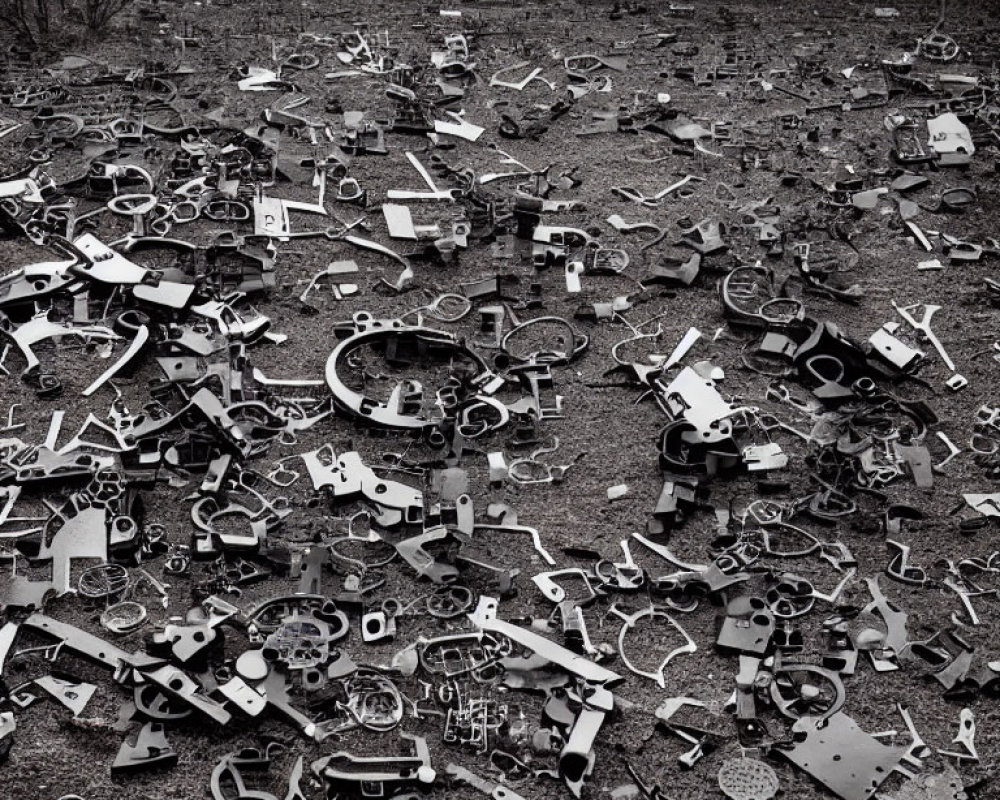 Monochrome photo of numerous metal handcuffs outdoors