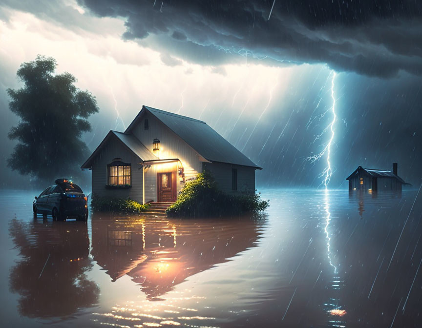 House and Car Submerged in Floodwater During Storm with Lightning