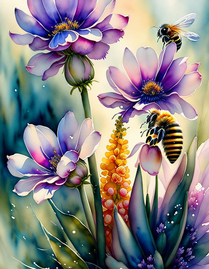 Purple flowers and bees in vibrant watercolor painting