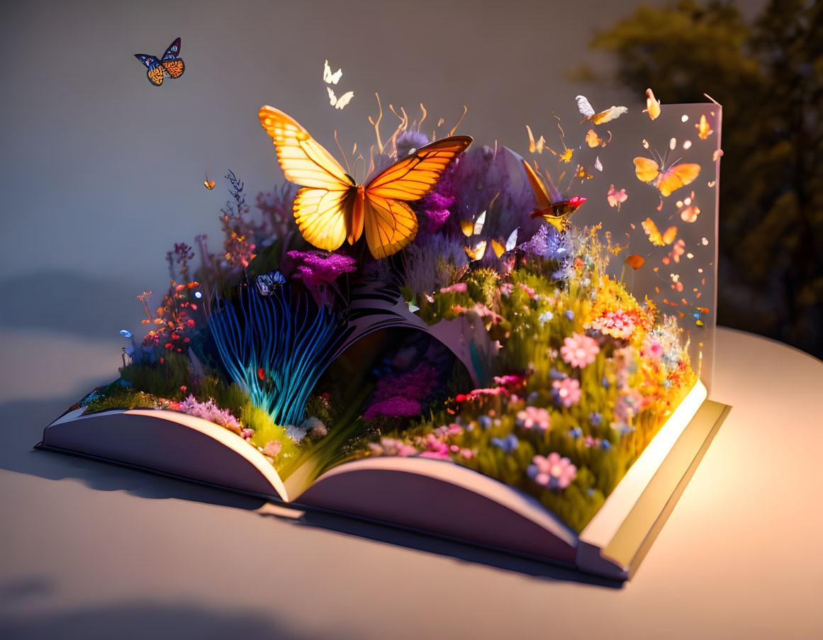 Pop-up garden and butterflies in open book under warm light