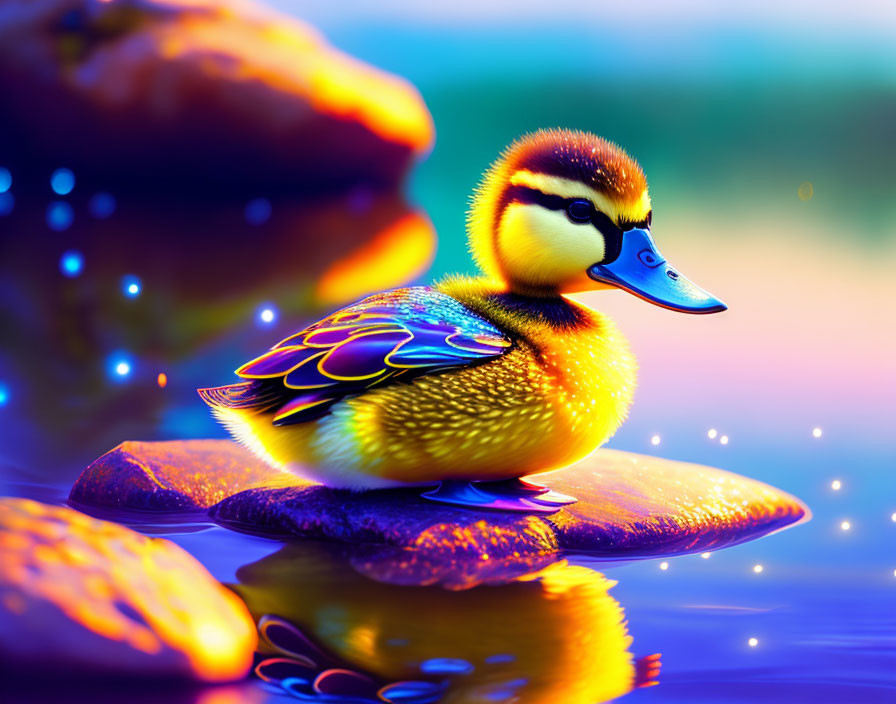 Colorful Duck Illustration Resting on Rocks by Water