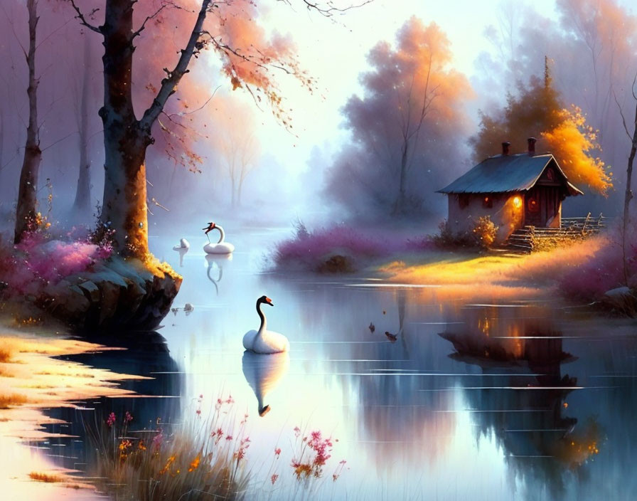 Tranquil twilight scene with swans on calm lake and cozy cottage amid autumn trees