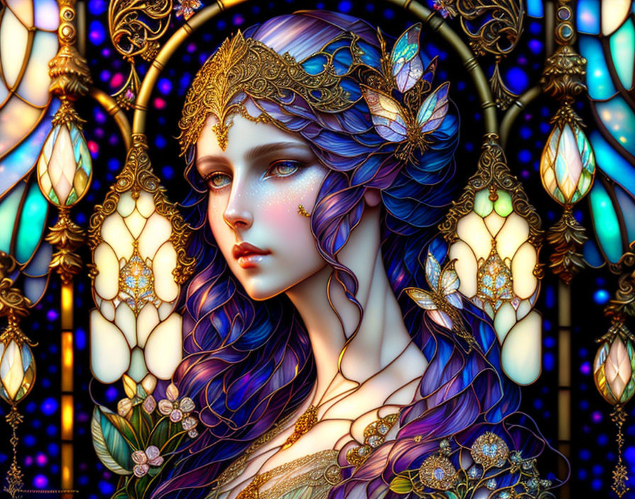 Ethereal woman with purple hair and golden headpiece in front of stained glass window background