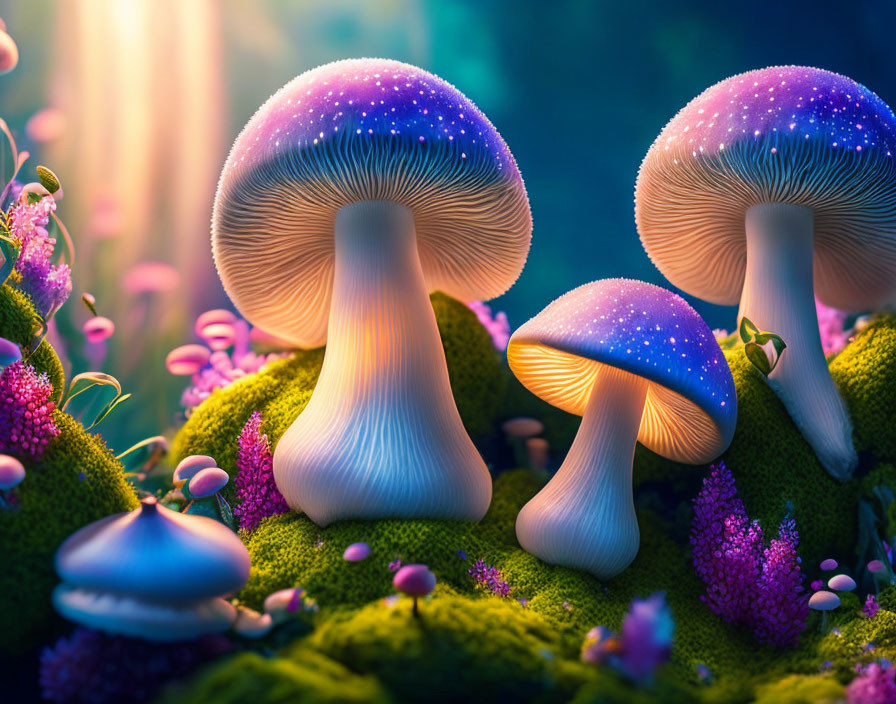 Blue-glowing bioluminescent mushrooms in moss-covered forest floor.