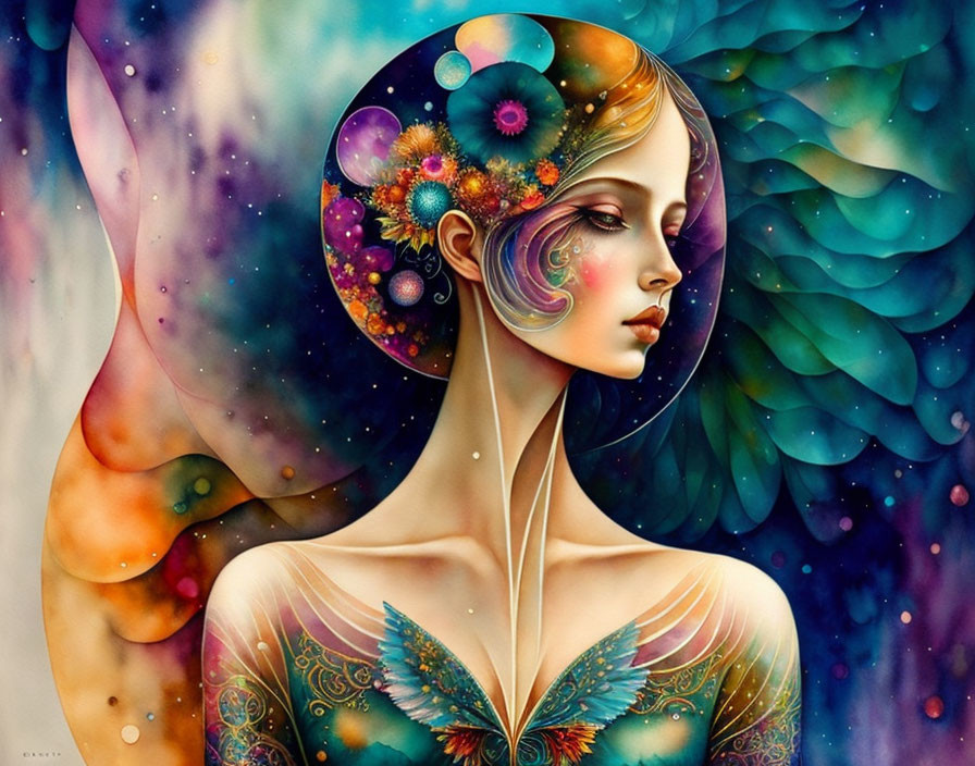 Colorful surreal woman with floral hair, butterfly, vibrant abstract backdrop