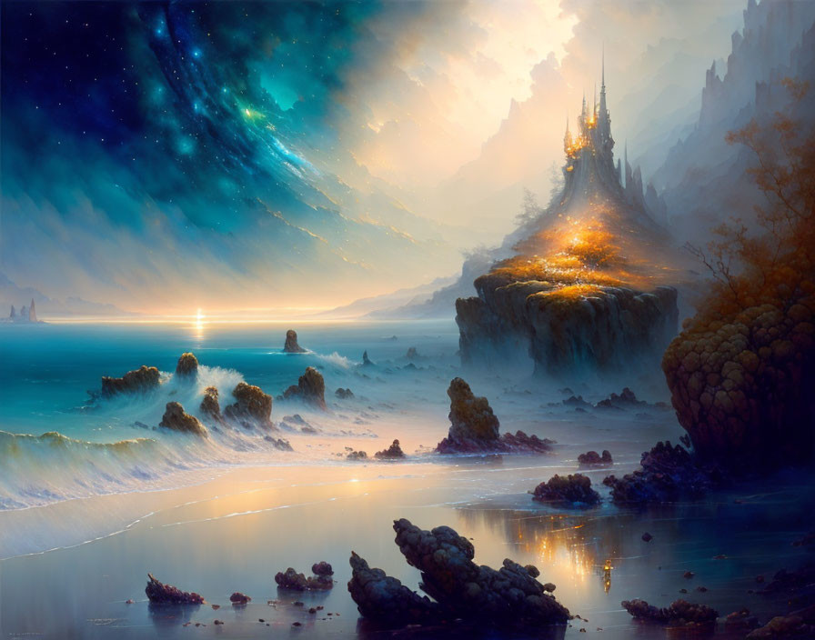 Fantasy landscape with glowing castle, cliff, serene ocean, starry sky gradient.