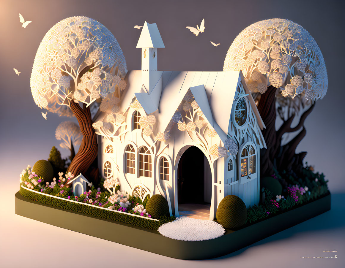 Detailed 3D illustration of whimsical storybook house and trees