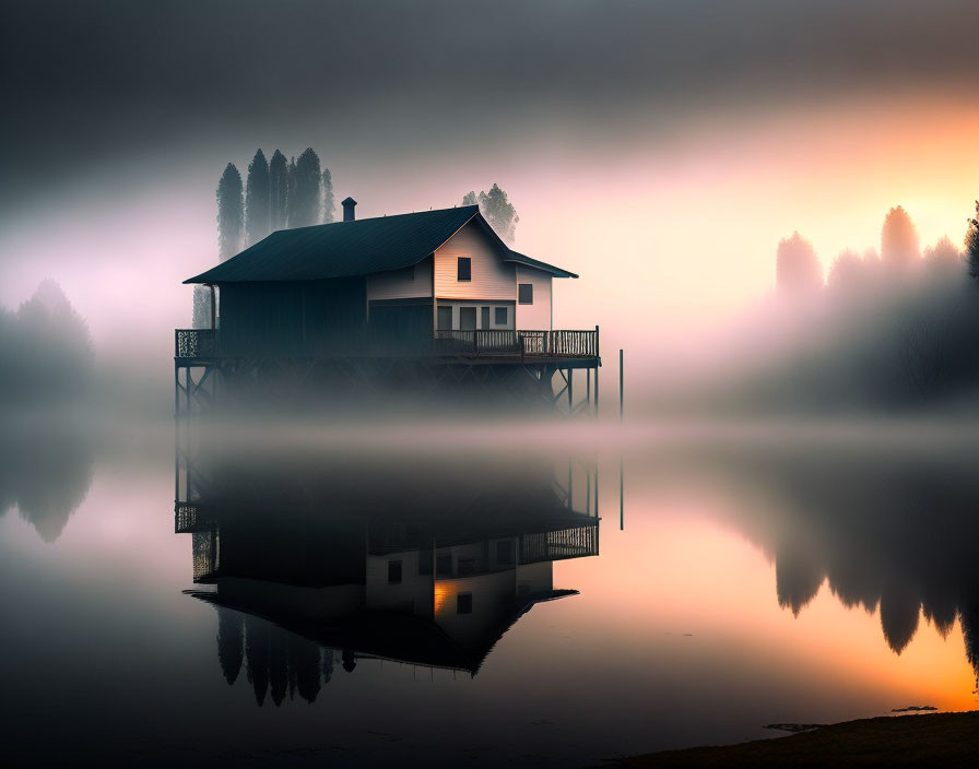 House on Stilts Reflected in Still Water with Mist and Warm Glow