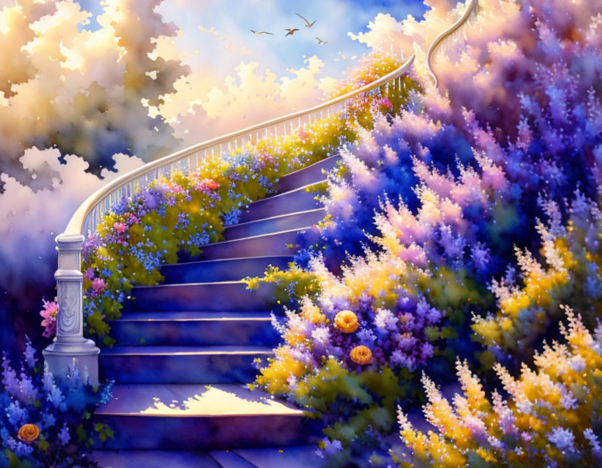 Enchanting stairway surrounded by blooming flowers and birds in flight
